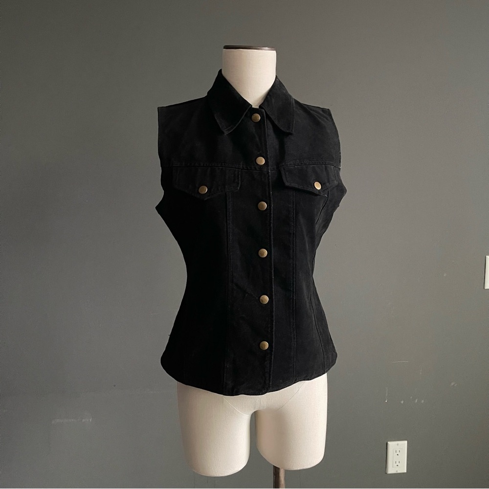 Ann Miller Collection Black Leather Suede Sleeveless Vest | Brass Snap Button